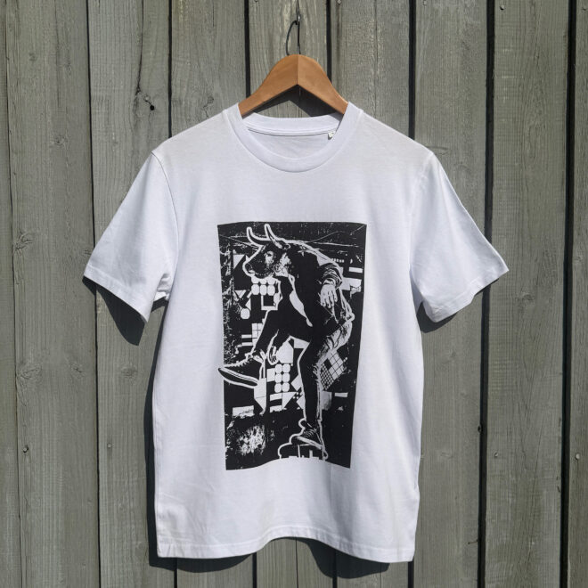 Minotaur Rock - Organic Cotton T Shirt - against wooden backdrop
