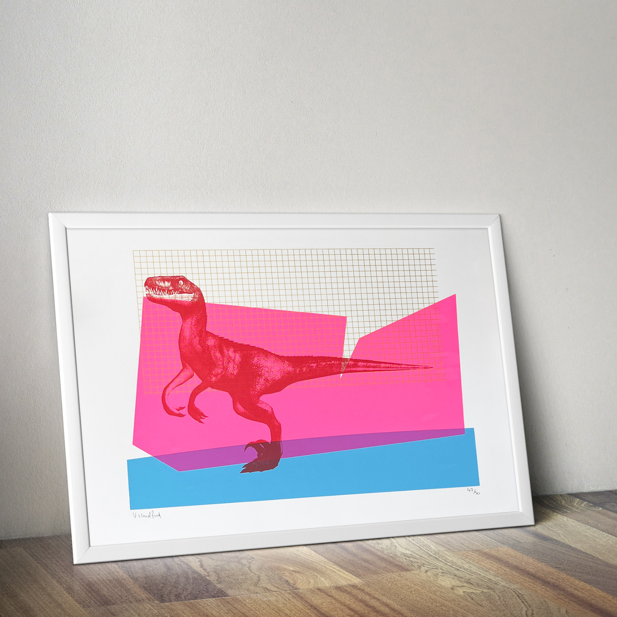 Screen Printed Dinosaur Poster - Raptor Rave - mock up in a frame