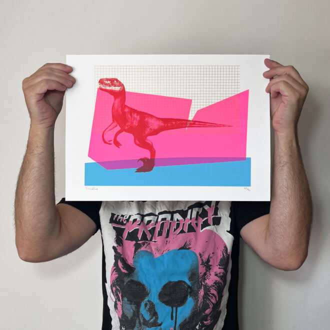 Screen Printed Dinosaur Poster - Raptor Rave - scale shot