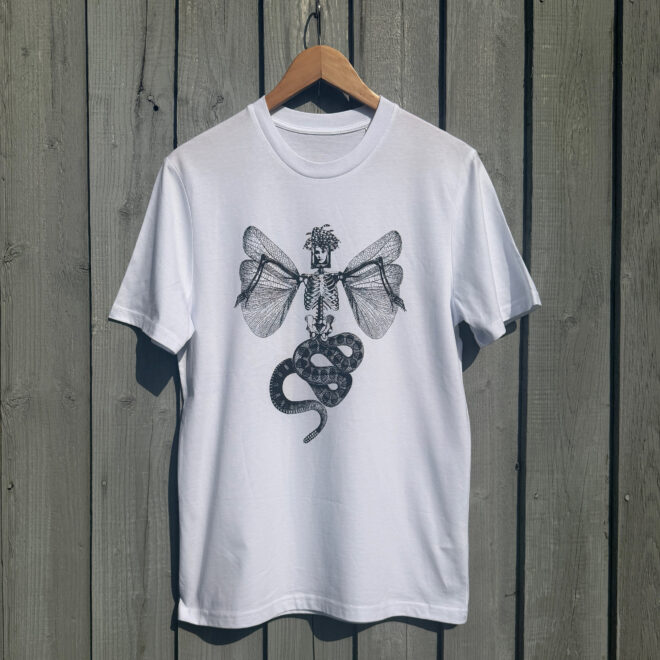 Medusa_Organic Cotton T Shirt - against wooden backdrop