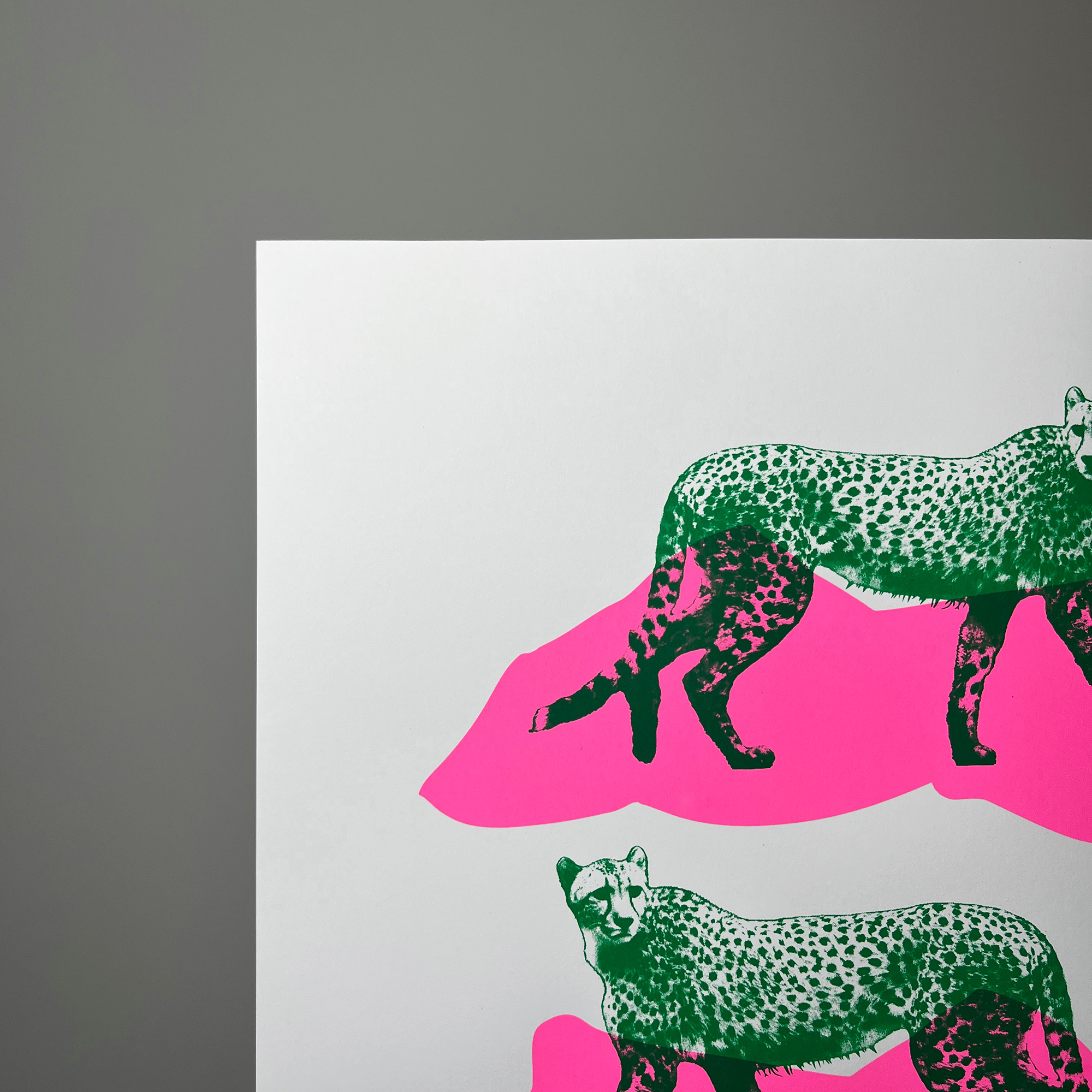 Triple Cheetahs - Screen Printed Cheetah Poster - A3 Size - detail shot top left