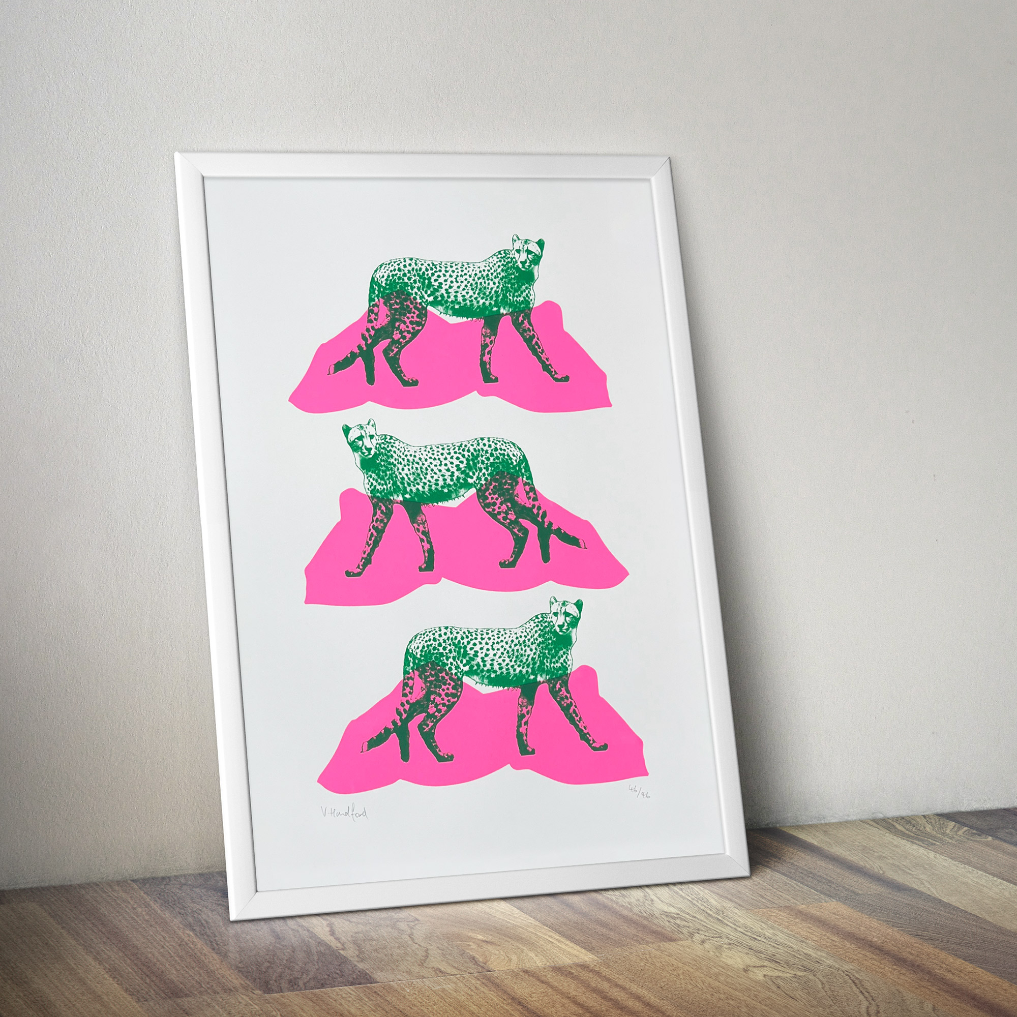 Triple Cheetahs - Screen Printed Cheetah Poster - A3 Size - mock up in a frame