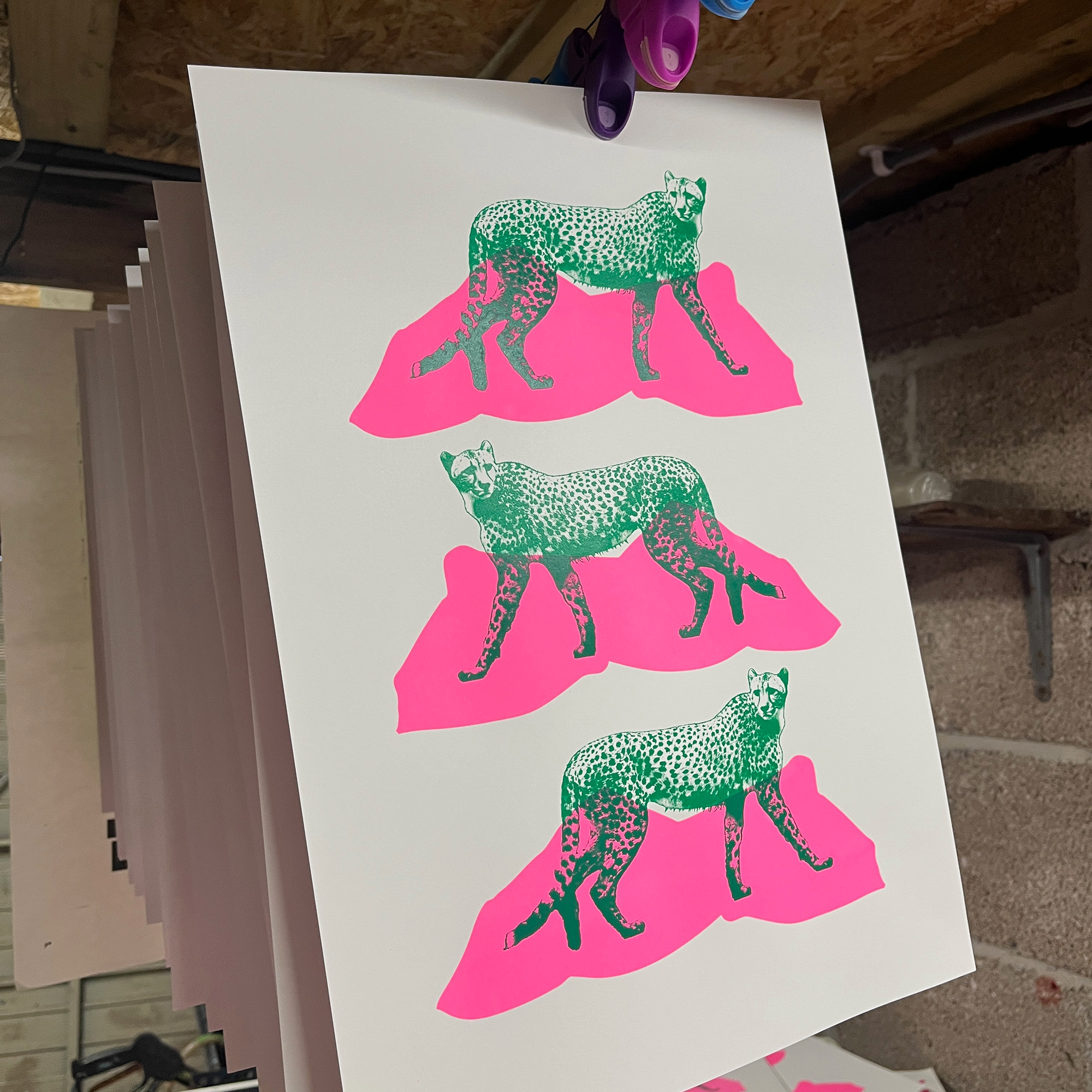 Triple Cheetahs - Screen Printed Cheetah Poster - A3 Size - process shot - green ink drying