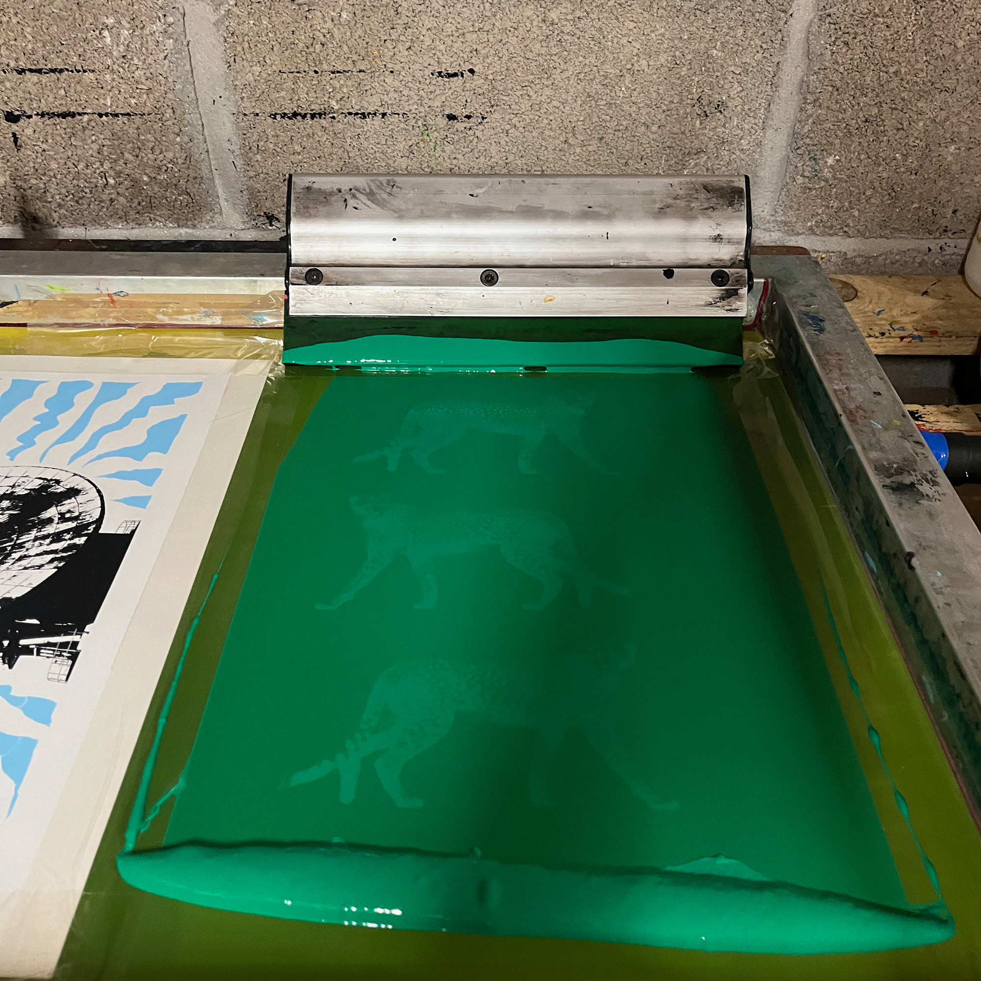 Triple Cheetahs - Screen Printed Cheetah Poster - A3 Size - process shot - green on screen