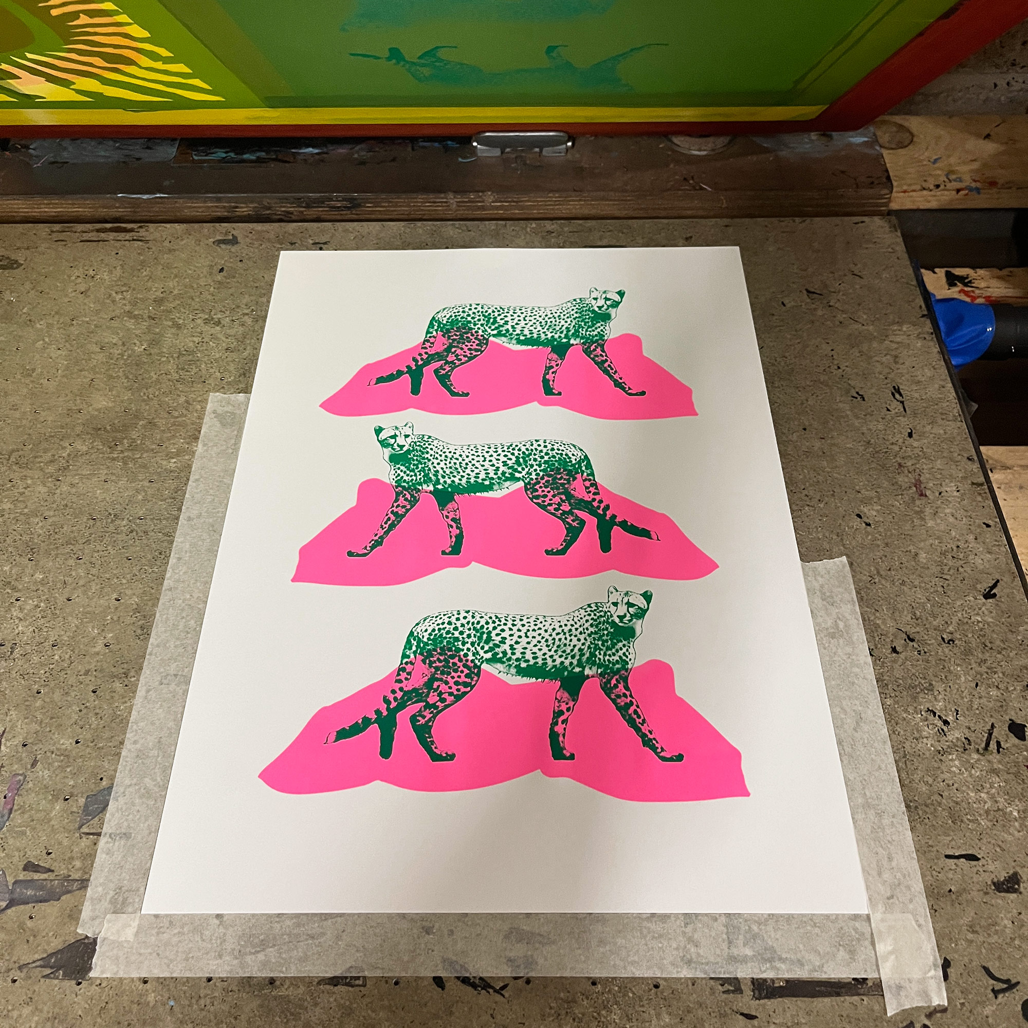 Triple Cheetahs - Screen Printed Cheetah Poster - A3 Size - process shot - green ink layer