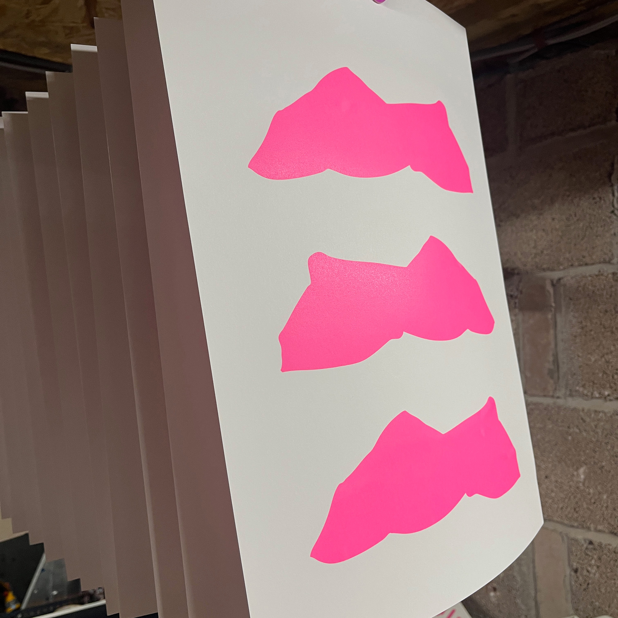 Triple Cheetahs - Screen Printed Cheetah Poster - A3 Size - process shot - pink ink drying