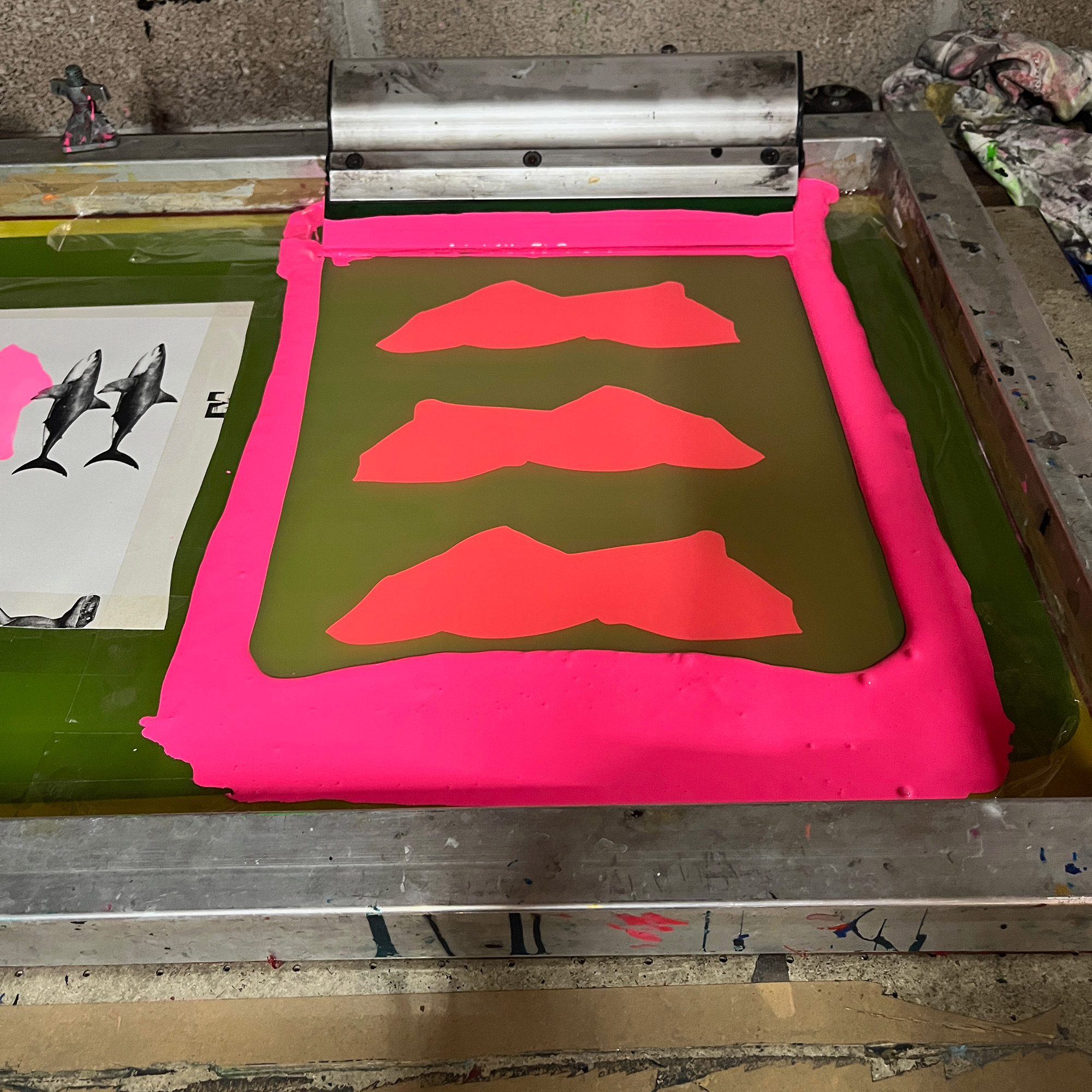 Triple Cheetahs - Screen Printed Cheetah Poster - A3 Size - process shot - pink on screen