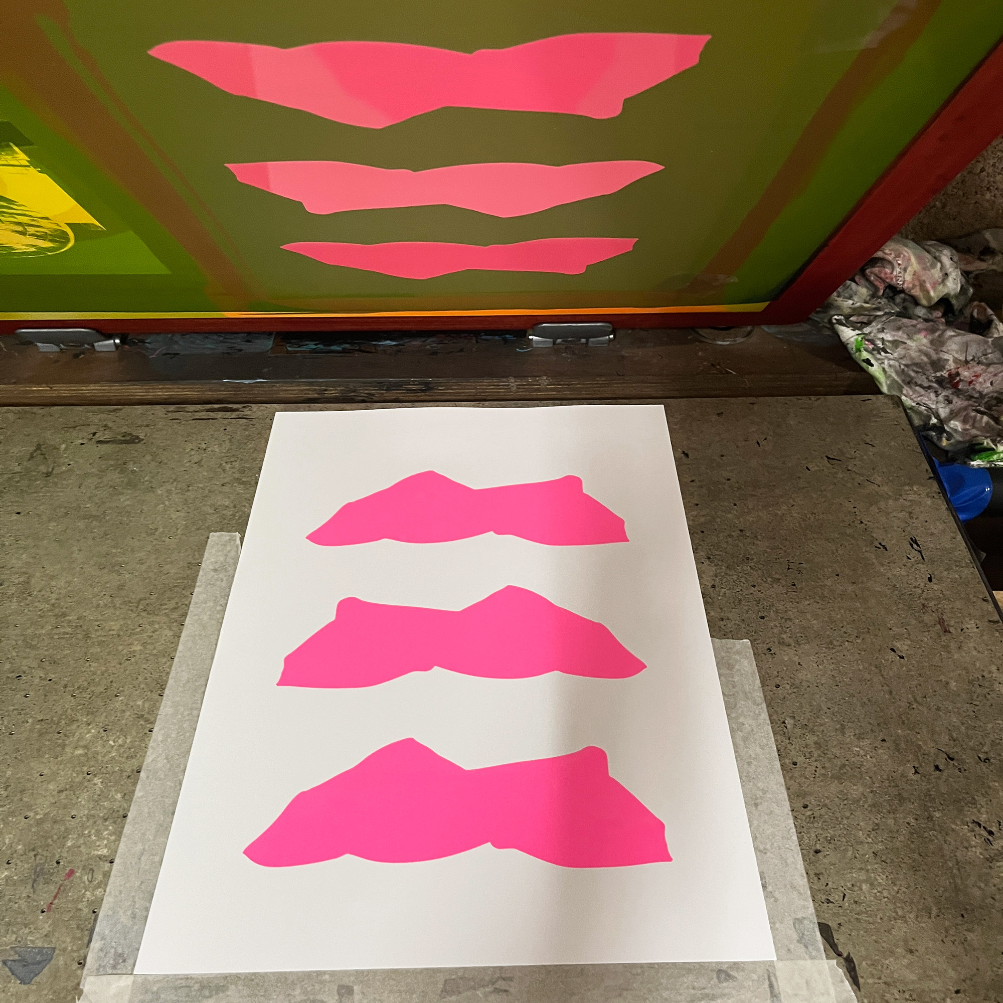 Triple Cheetahs - Screen Printed Cheetah Poster - A3 Size - process shot - pink ink layer