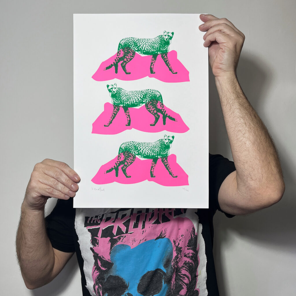 Triple Cheetahs - Screen Printed Cheetah Poster - A3 Size - scale shot