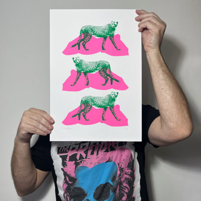 Triple Cheetahs - Screen Printed Cheetah Poster - A3 Size - scale shot