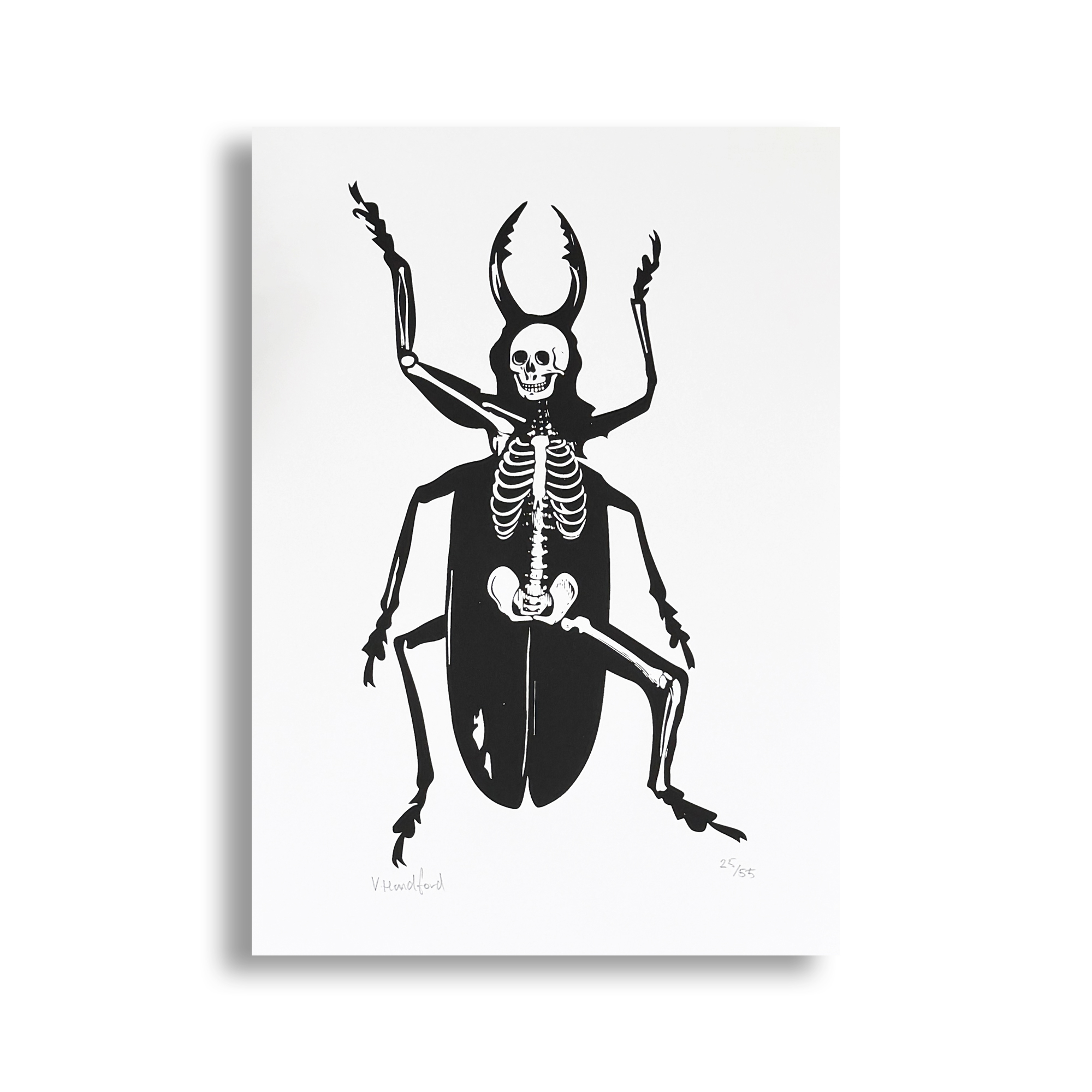 Screen Printed Insect Poster - Metamorphosis_Small A4 Size - on white background. Featuring my collage design based on the Franz Kafka story of a man turning into an insect.