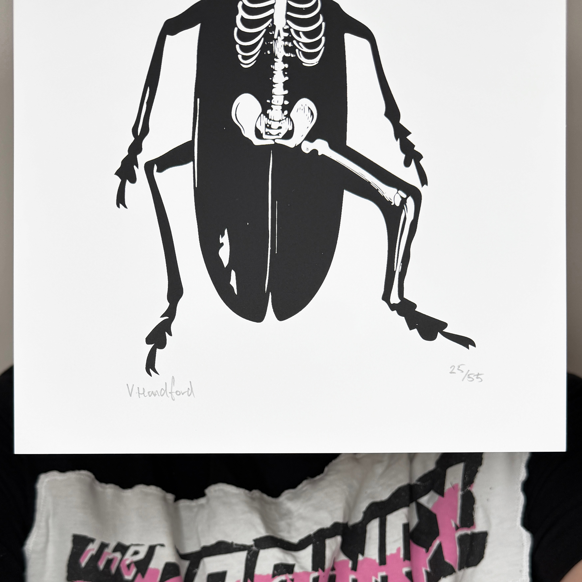 Screen Printed Insect Poster - Metamorphosis_Small A4 Size - close up detail shot bottom. Featuring my collage design based on the Franz Kafka story of a man turning into an insect.