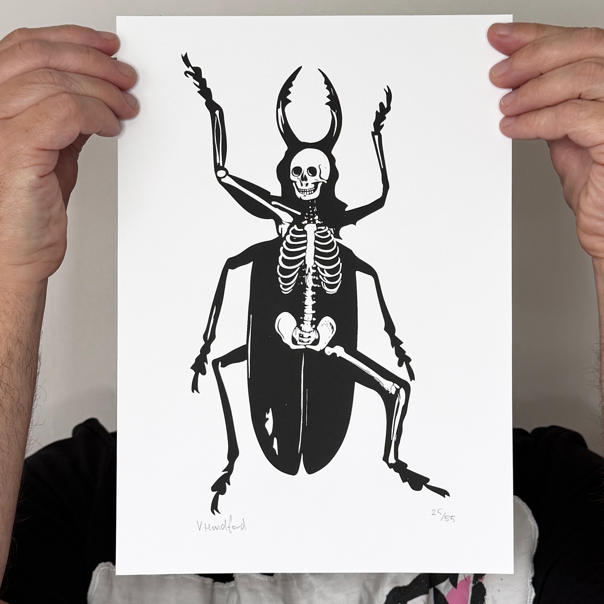 Screen Printed Insect Poster - Metamorphosis_Small A4 Size - close up detail shot zoomed in. Featuring my collage design based on the Franz Kafka story of a man turning into an insect.