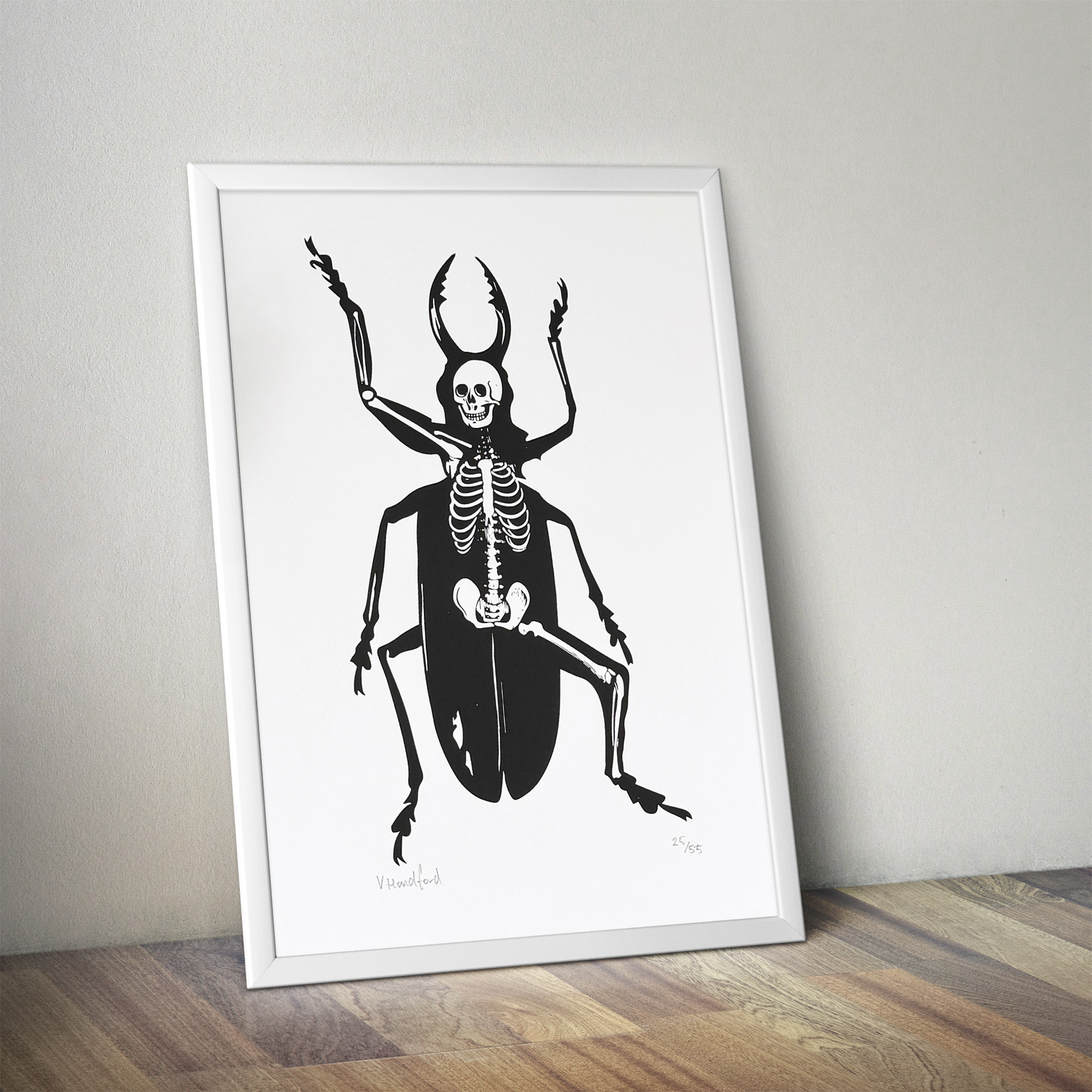 Screen Printed Insect Poster - Metamorphosis_Small A4 Size - close up detail shot - mock up in a frame. Featuring my collage design based on the Franz Kafka story of a man turning into an insect.