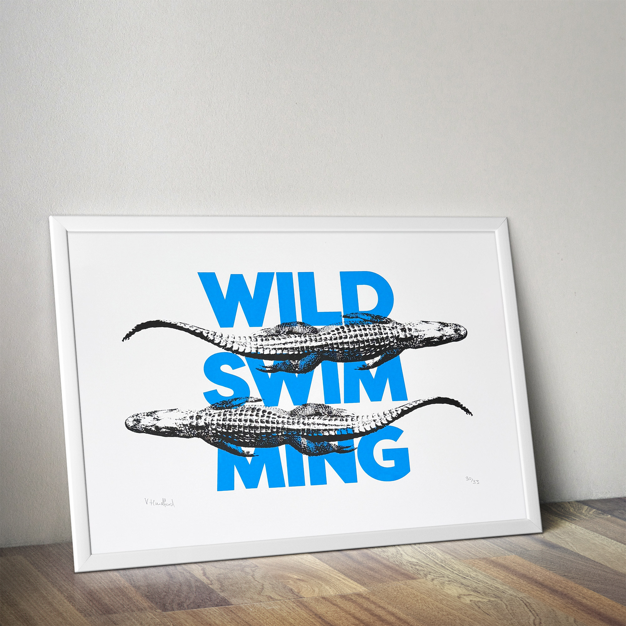Screen Printed Poster - Wild Swimming_Medium A3 Size - mock up in a frame
