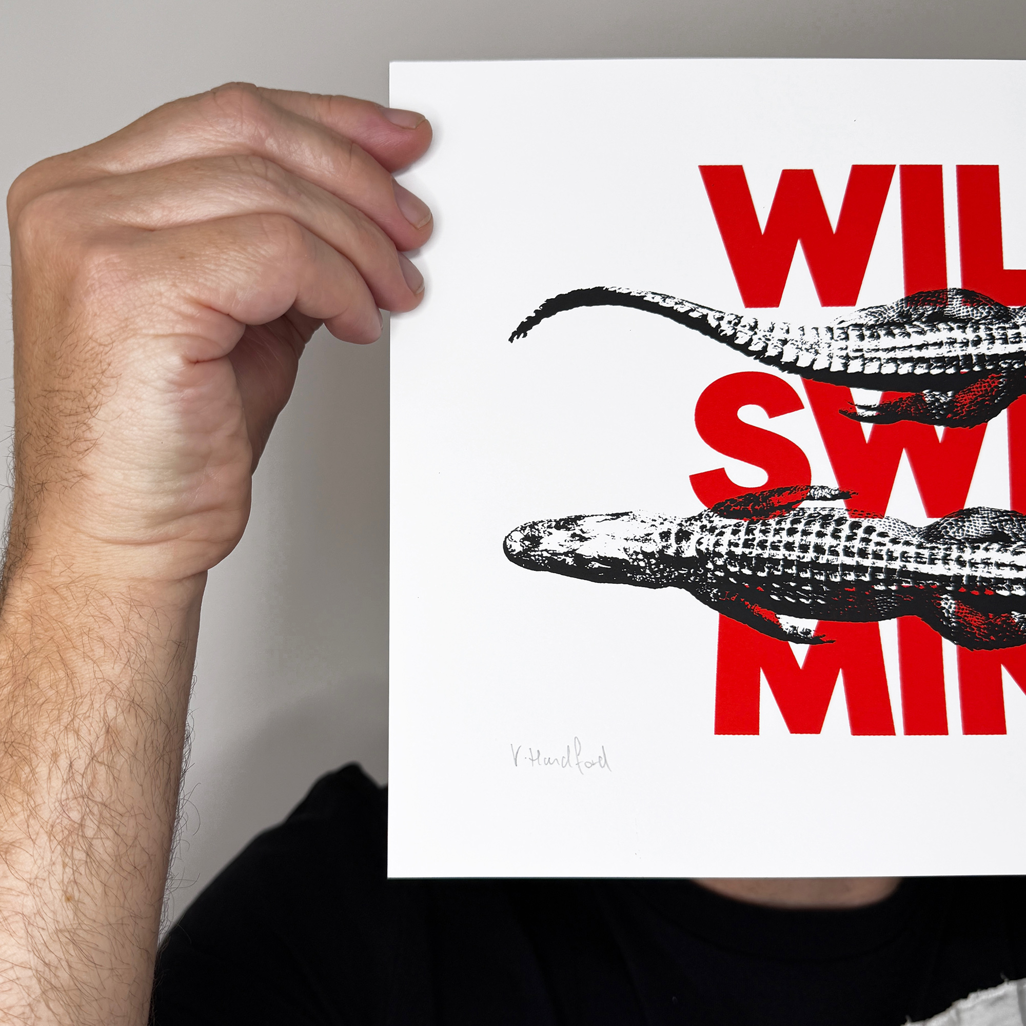 Screen Printed Poster - Wild Swimming_Small A4 Size - close up detail shot left edge. Bold red typography with striking black alligator images.