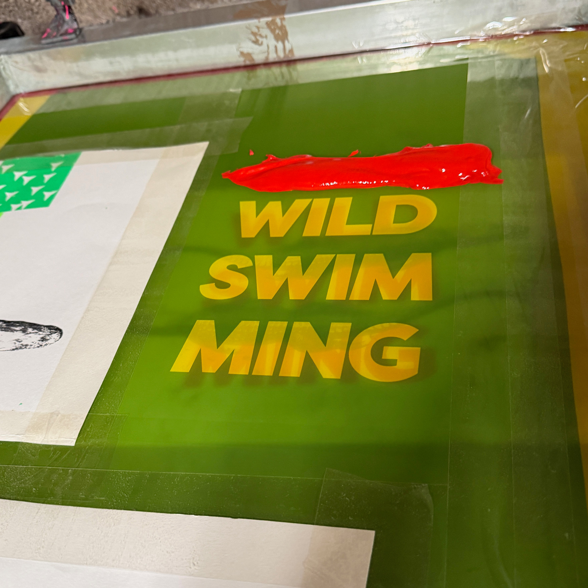 Screen Printed Poster - Wild Swimming_Small A4 Size - red ink on screen.
