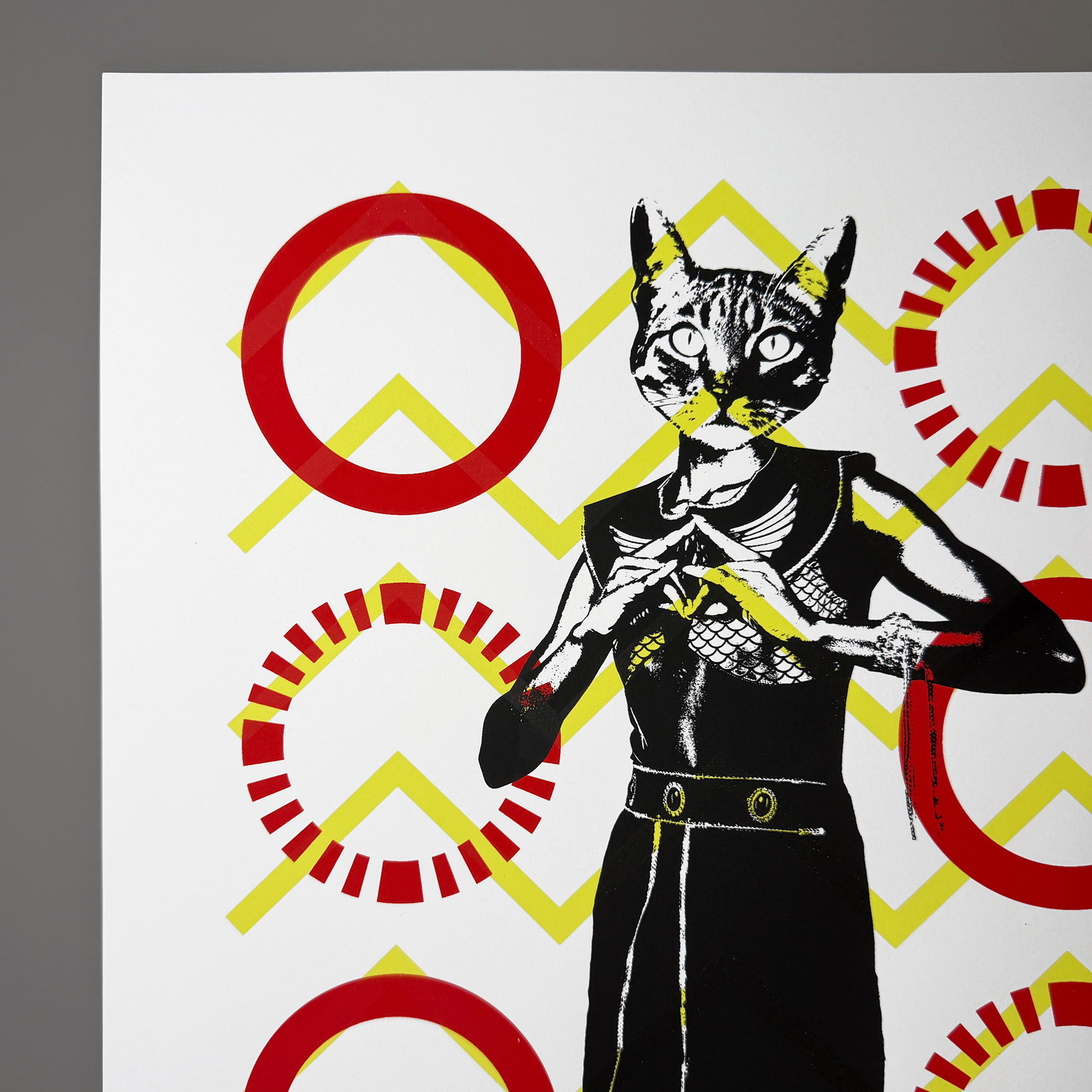 Screen Printed Poster - Bastet_Egyptian Cat Goddess_A3 Size - close up detail shot top left