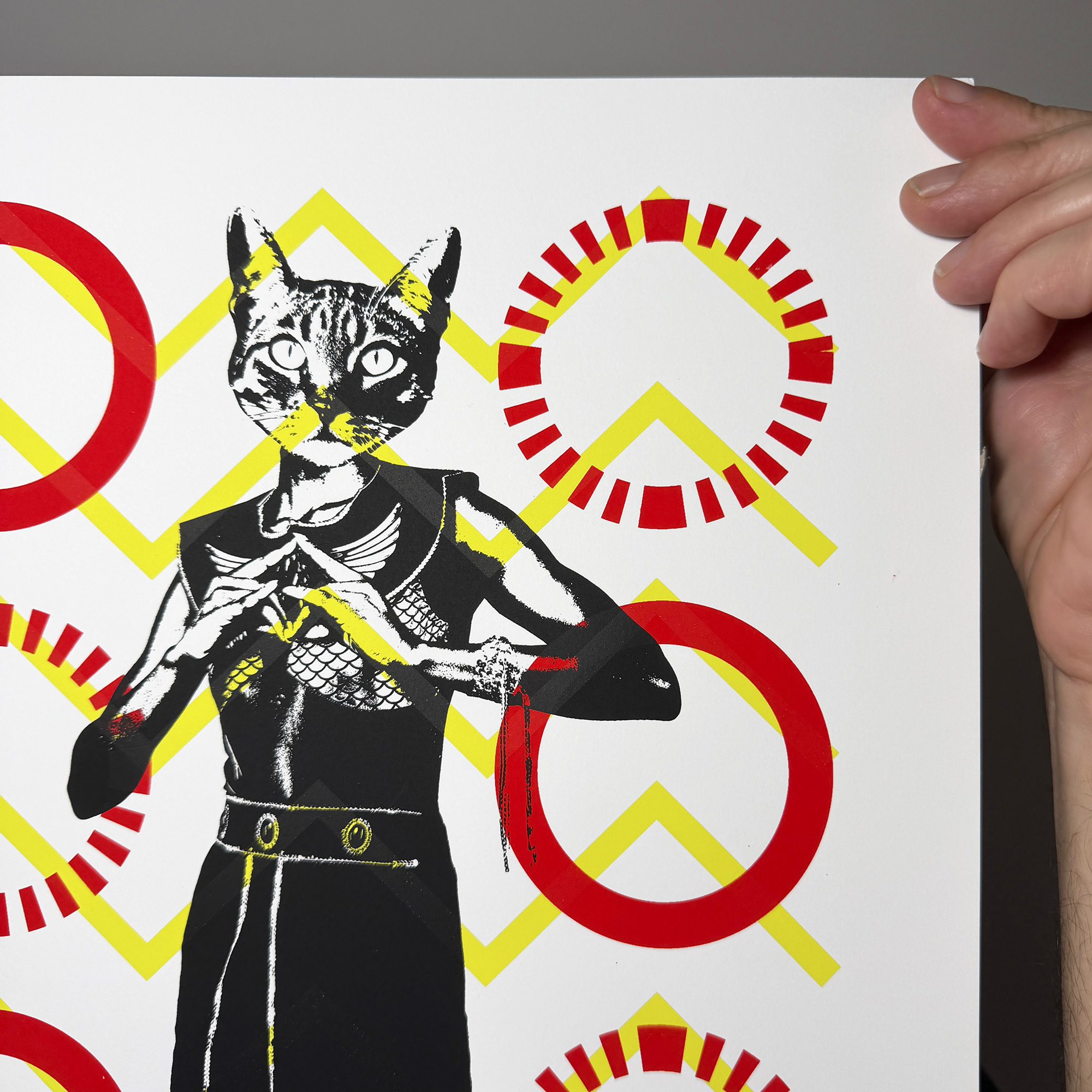 Screen Printed Poster - Bastet_Egyptian Cat Goddess_A3 Size - close up detail shot top right