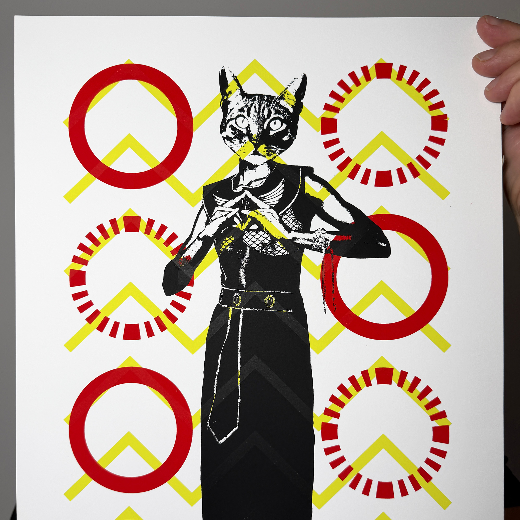 Screen Printed Poster - Bastet_Egyptian Cat Goddess_A3 Size - close up detail shot top