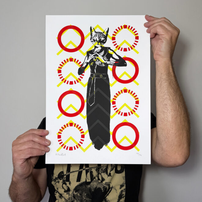 Screen Printed Poster - Bastet_Egyptian Cat Goddess_A3 Size - scale shot
