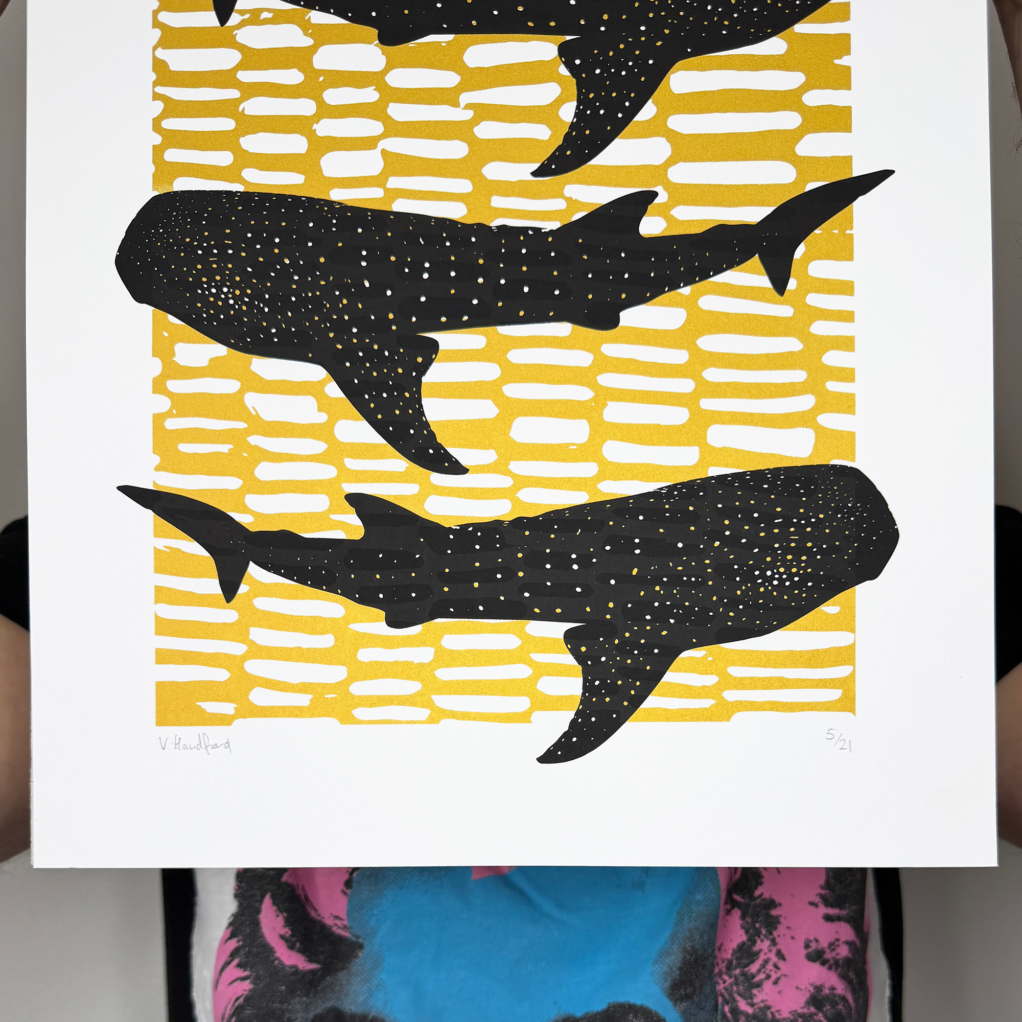 Whale Shark Shiver - Screen Printed Poster_Gold and Black - close up detail bottom edge