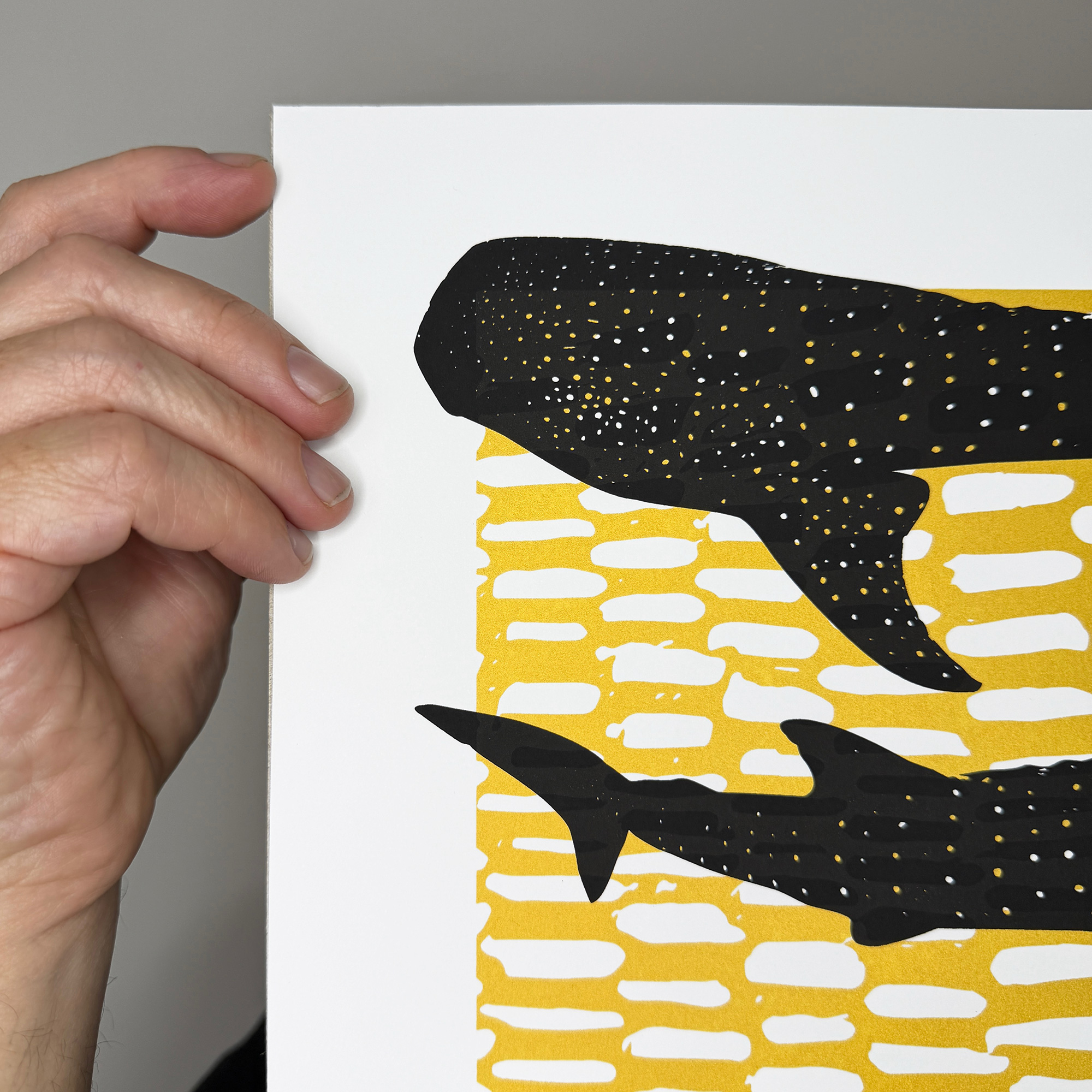 Whale Shark Shiver - Screen Printed Poster_Gold and Black - close up detail top left edge