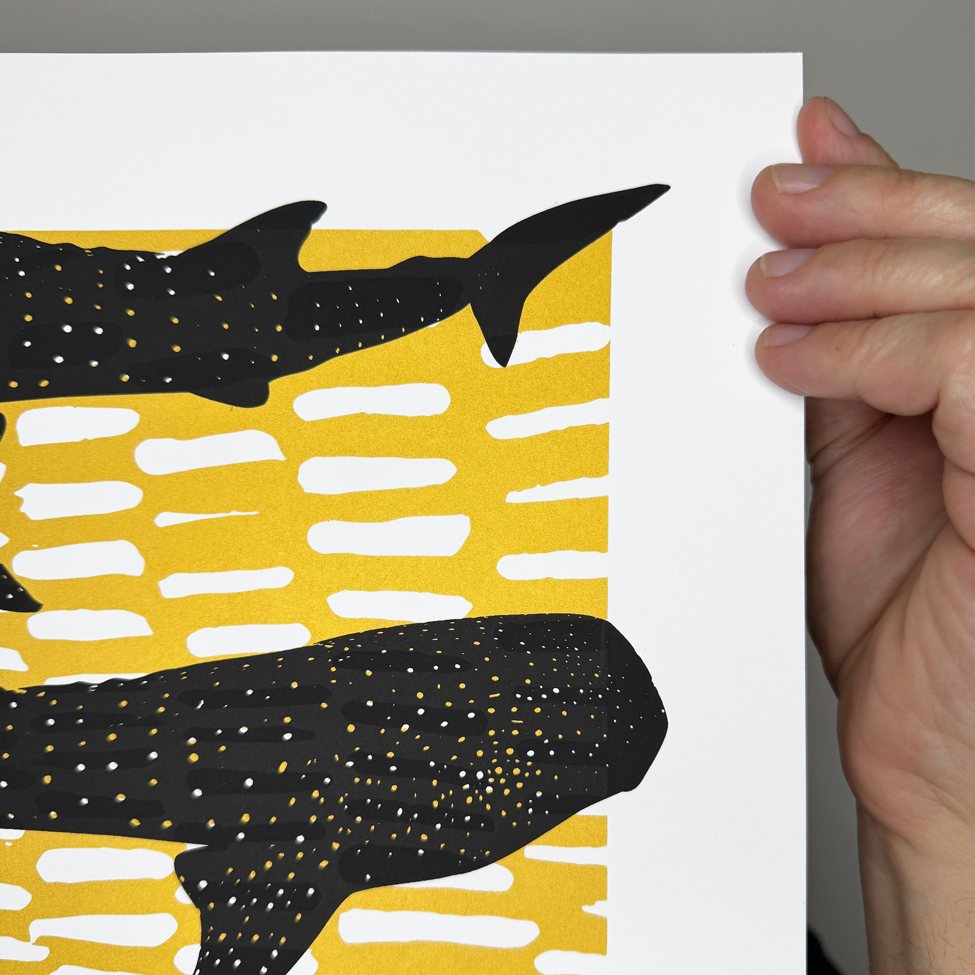 Whale Shark Shiver - Screen Printed Poster_Gold and Black - close up detail top right edge