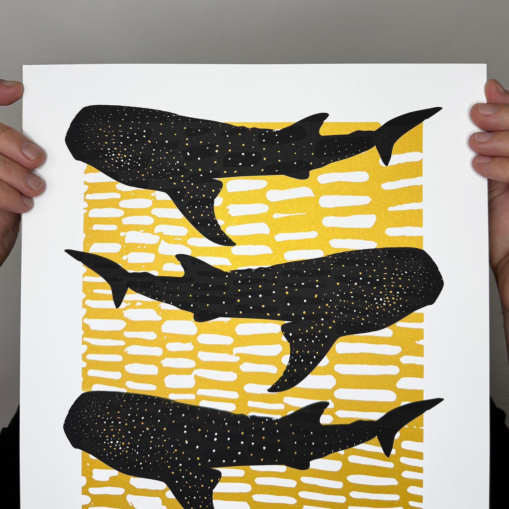 Whale Shark Shiver - Screen Printed Poster_Gold and Black - close up detail top edge