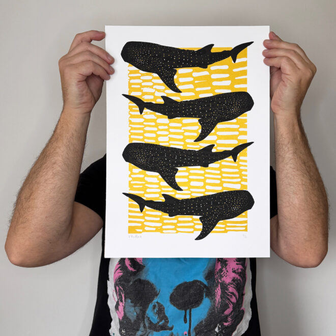 Whale Shark Shiver - Screen Printed Poster_Gold and Black - scale shot