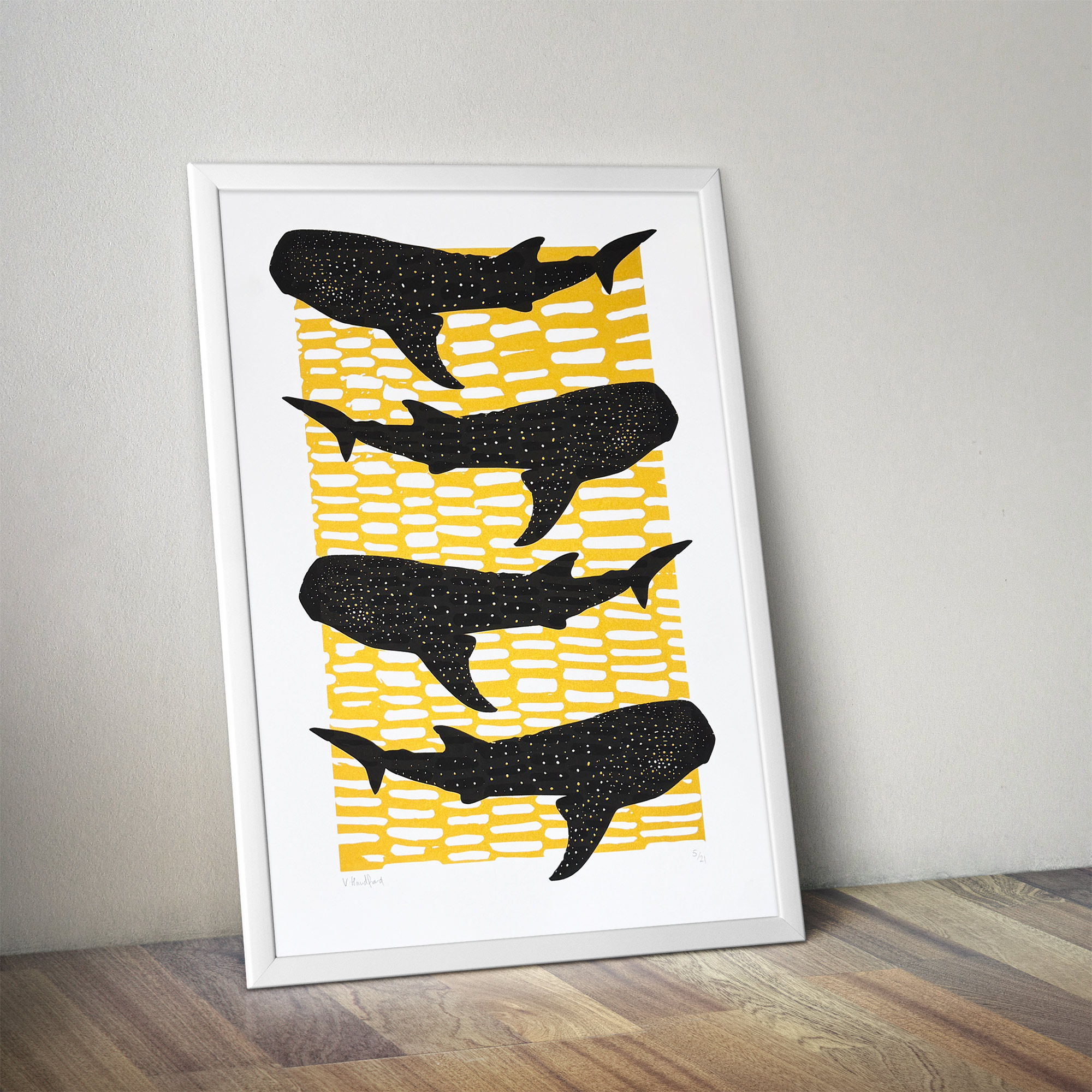 Whale Shark Shiver - Screen Printed Poster_Gold and Black - mock up in a frame