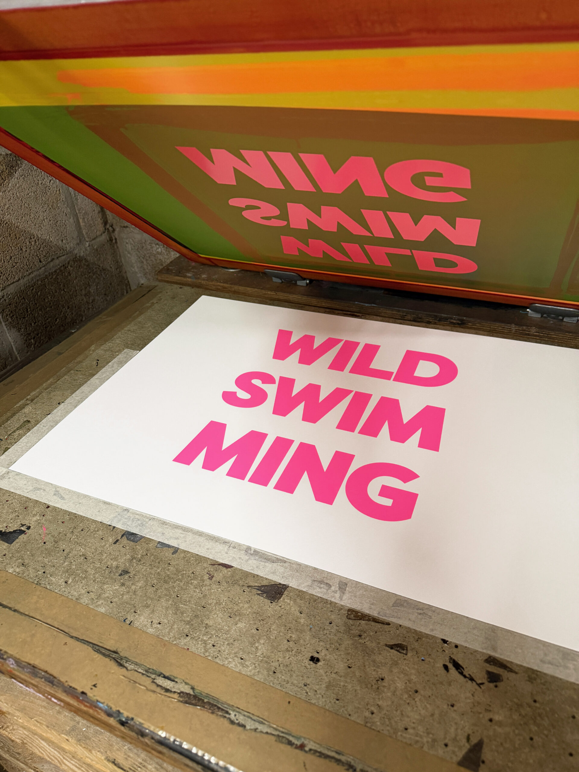Screen Printed Poster - Wild Swimming_Large A2 Size - process shot - pink ink layer on print bed