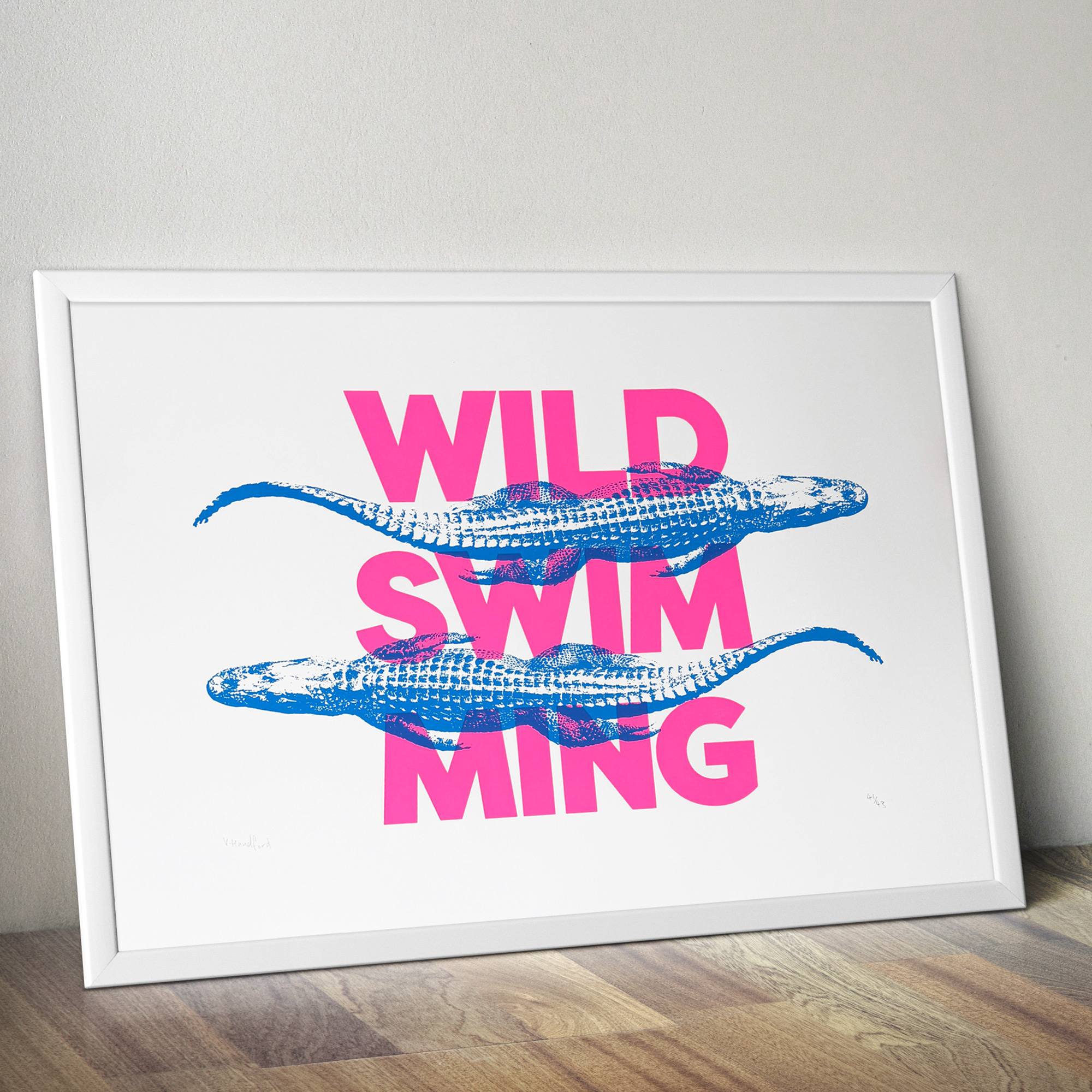 Screen Printed Poster - Wild Swimming_Large A2 Size - mock up in a frame