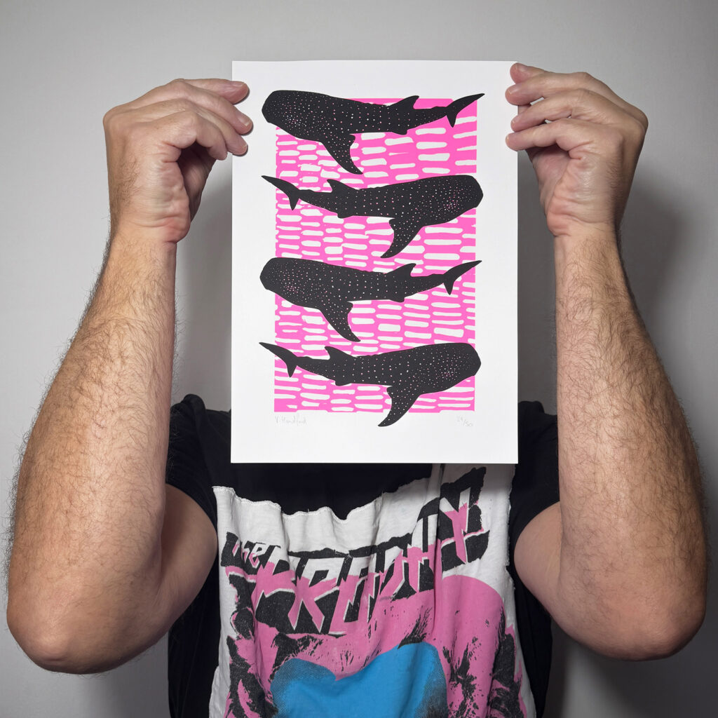 Whale Shark Shiver Mini - Screen Printed Poster - A4 size print so fits in a standard shop bought frame. Features black whale sharks against an abstract pink background. Limited edition. Individually hand signed and numbered by the artist. This image shows the size of the print.